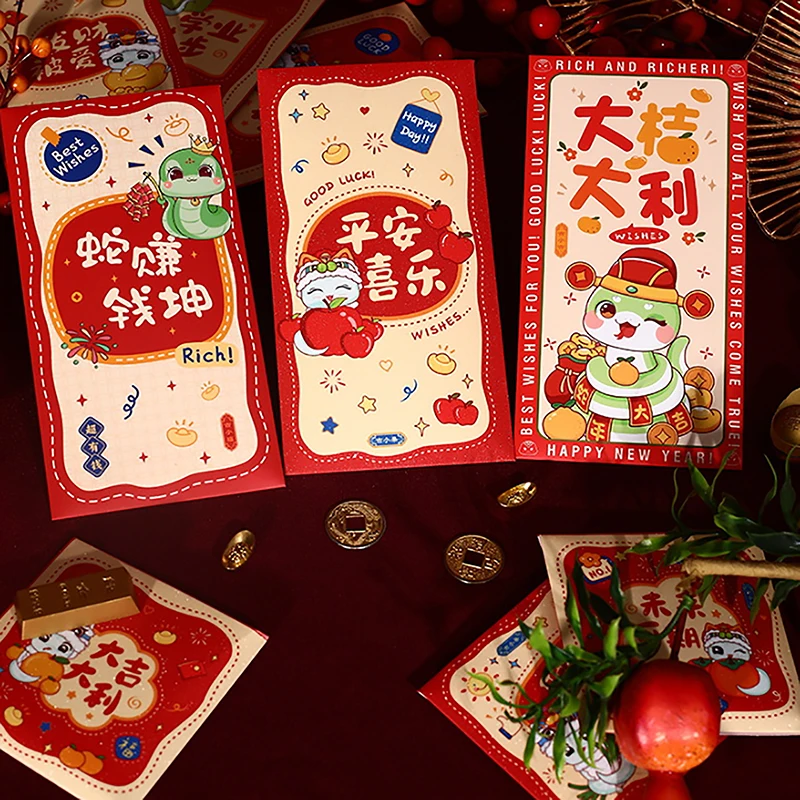 6pcs 2025 Cute Cartoon Snake Year Red Envelope Lunar Year Red Pocket Envelope Spring Festival Fortune Red Envelope Hongbao