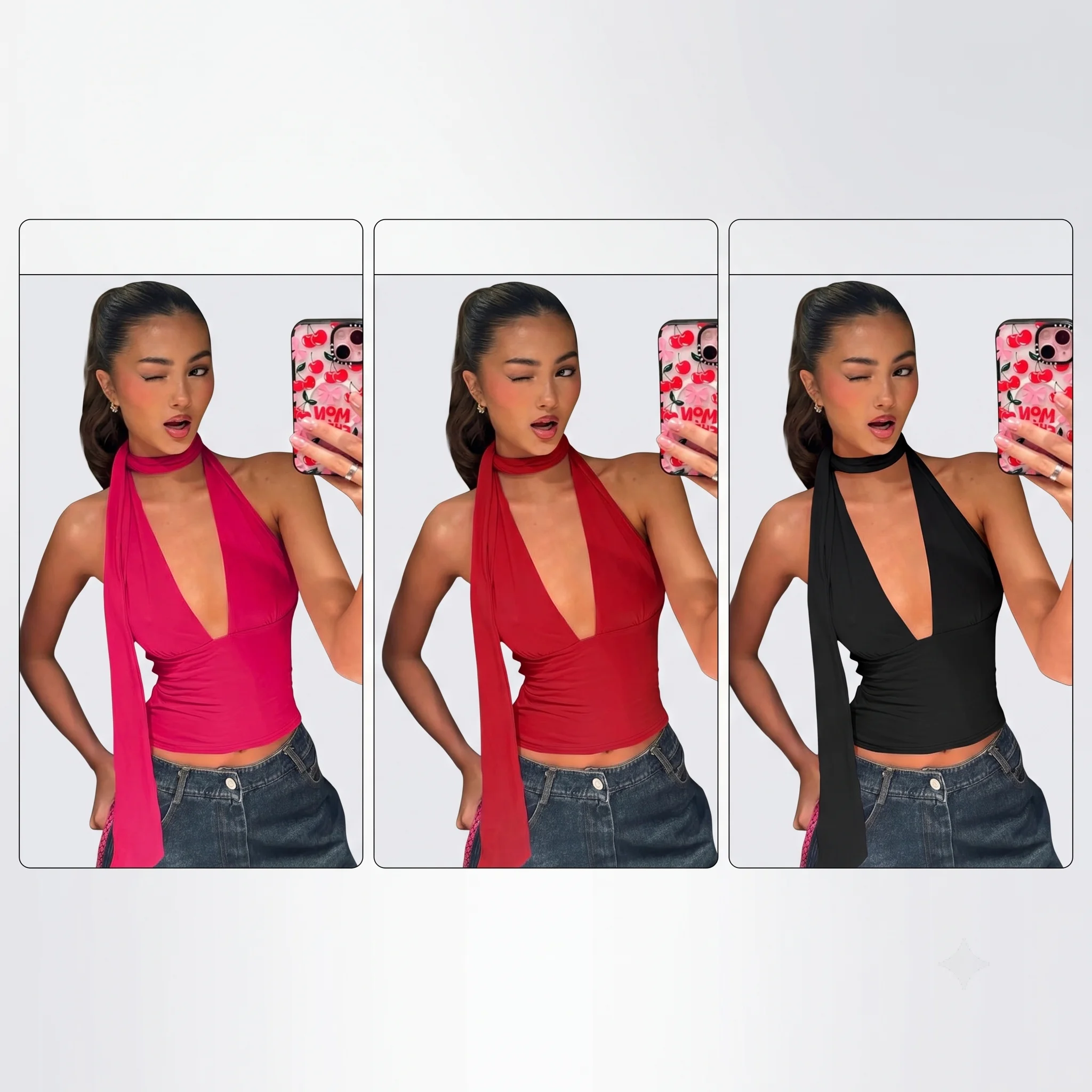 Top Cropped Sexy com Decote V Profundo e Alça Halter para Mulheres, Estilo Y2K, com Lenço Integrado, Sem Costas, Sem Mangas, Regata Justa para Verão, Festas e Streetwear