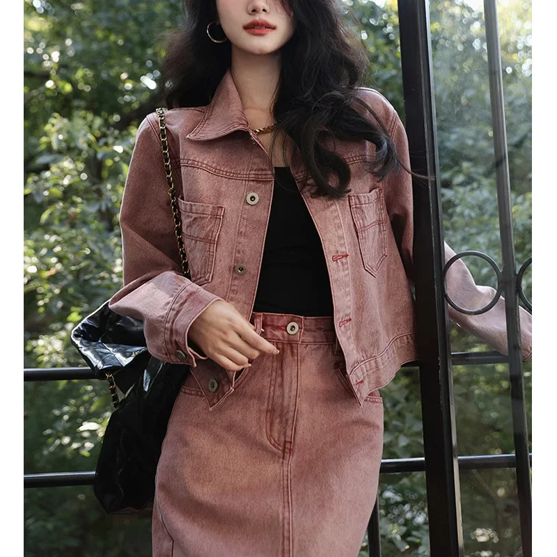 Pink Denim Jacket and Midi Skirt Set Vintage Washed Two Piece Outfit Casual Button Coat Long Sleeve Top Streetwear Clothing