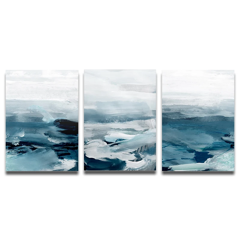 Set Of 3 Blue Ocean Wave Abstract Canvas Wall Art Modern Seascape Painting For Living Room Home Wall Decor