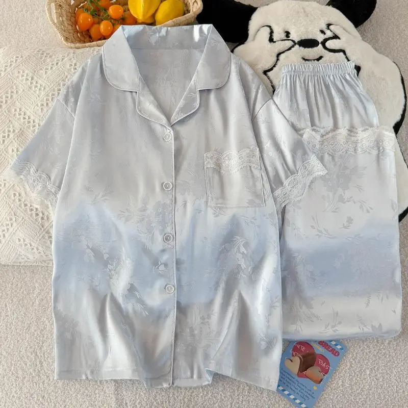 Women's Short Sleeve Pajama Set Sleepwear Loungewear Satin Silk Nightwear Pyjama Light Blue Lace Lapel Full Length Pants Summer