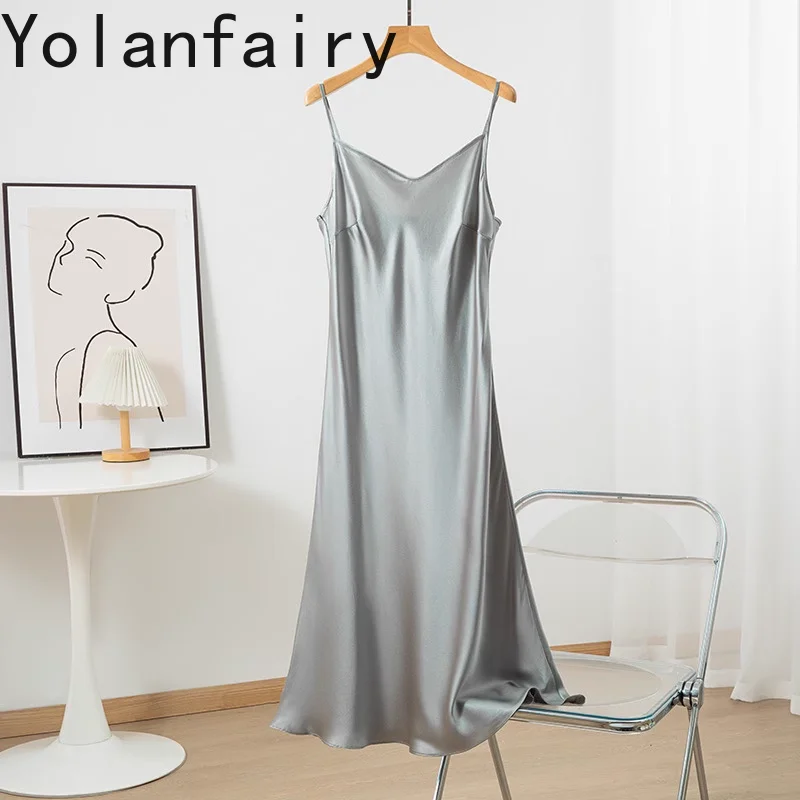 Yolanfairy 100% vestido de seda amoreira real verão crepe cetim vestido feminino ajustável halter senhoras vestidos cinta espaguete vestido