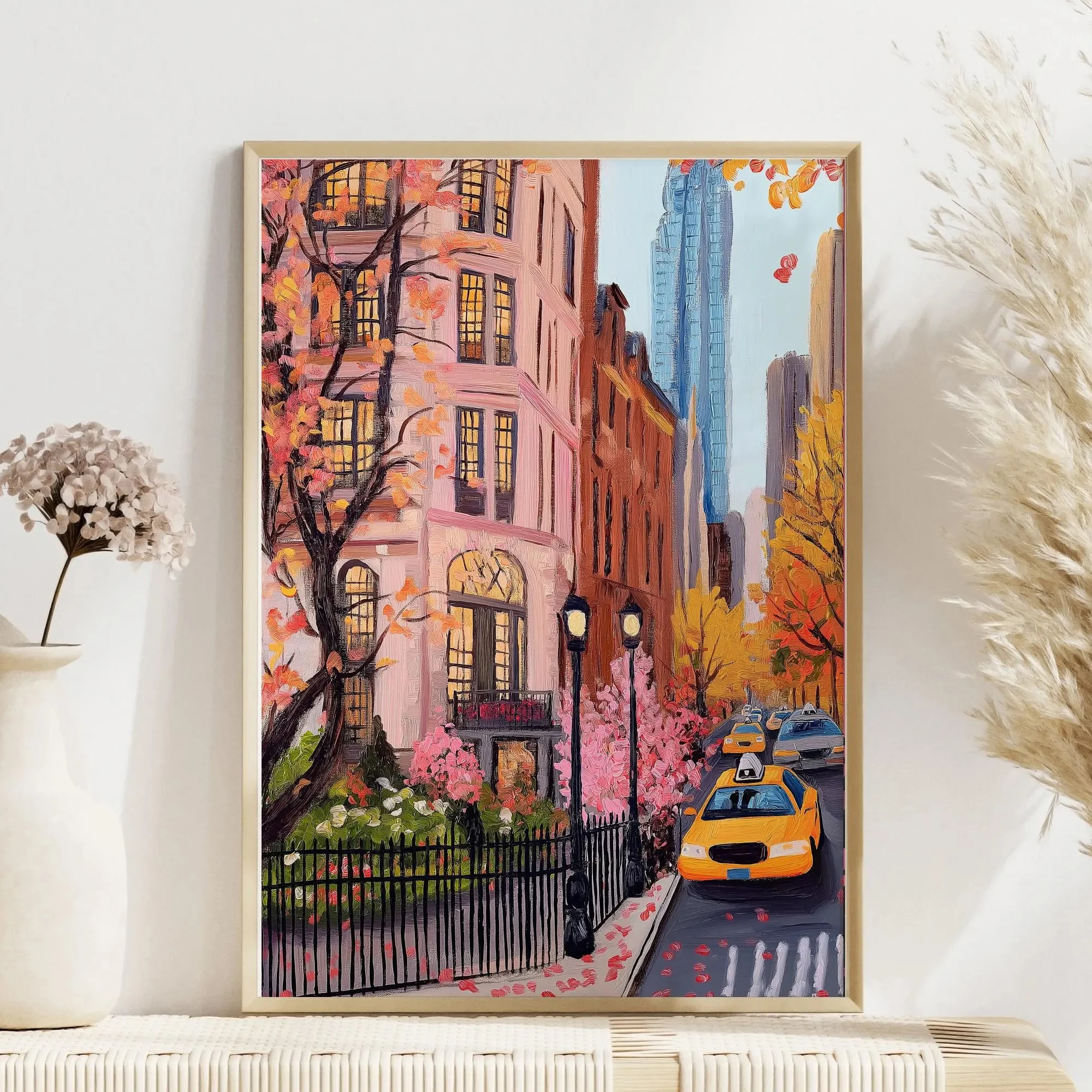Cute pink autumn city wall mural, warm autumn city scenery print, bohemian style autumn street scene poster, home decoration.