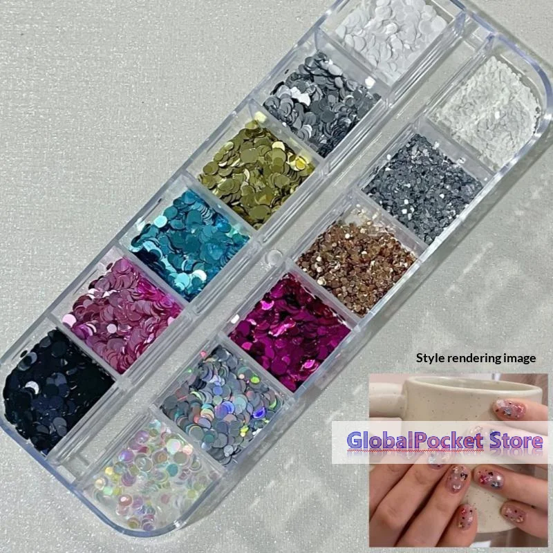[TG823]12 Grids Round Dot Floral Nail Art Sequins With Shiny Glitter Various Colors For Home DIY Nail Salon Manicure Decoration