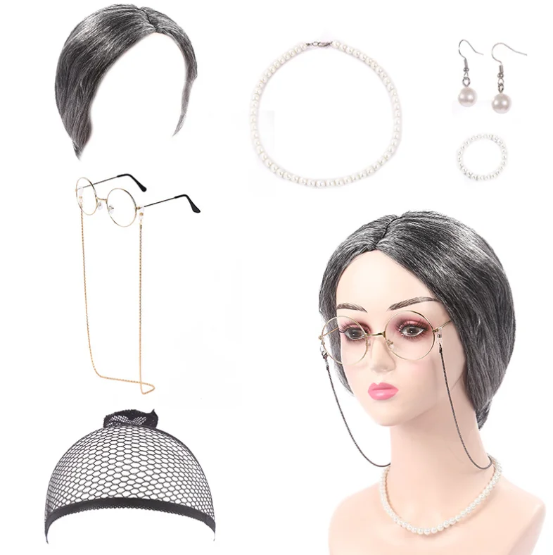 

1/10/50/200sets Old Nana Cosplay Set Women Costume Granny Wig Cap Glasses Chain Cords Pearl Necklace Earrings Bracelet Decor