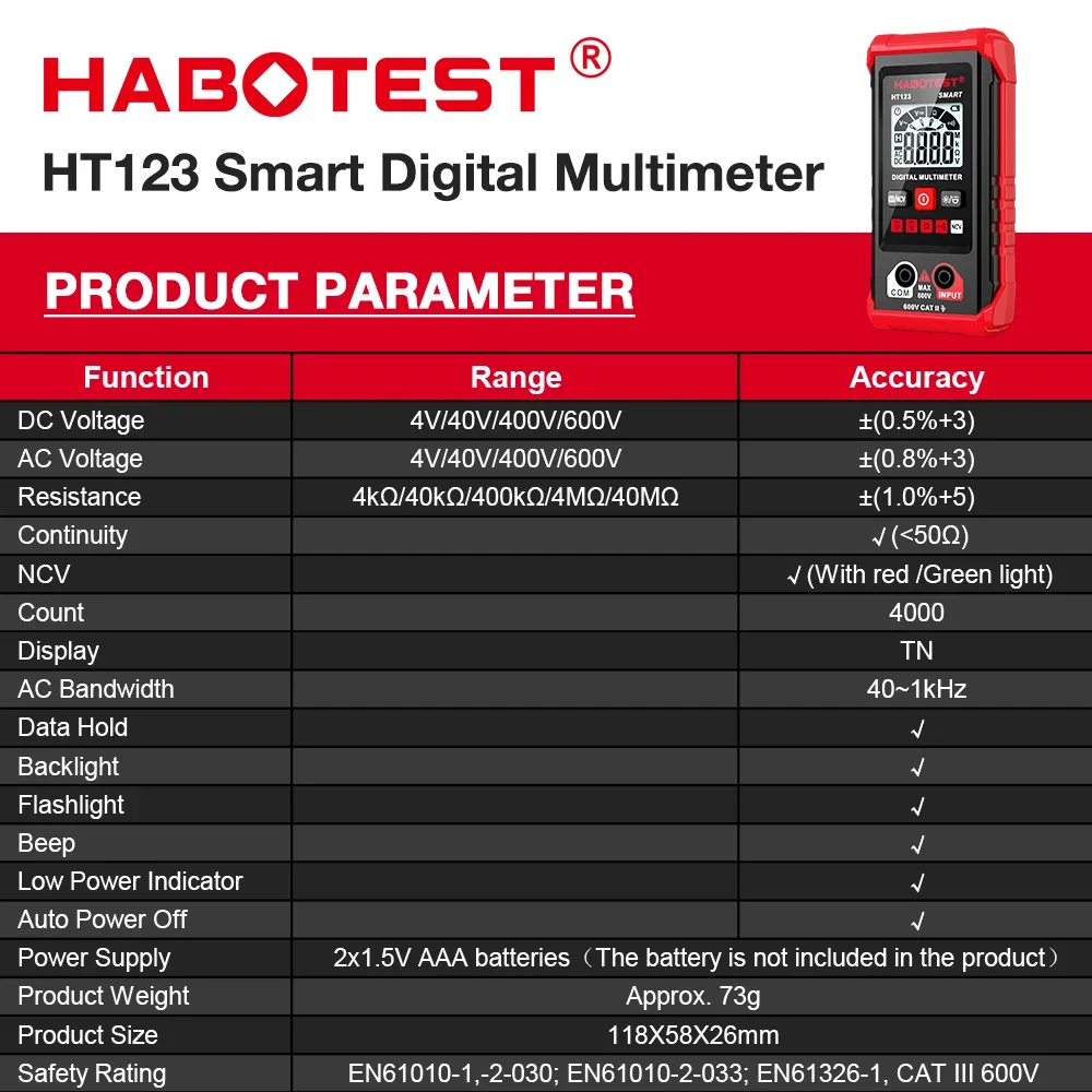 

HABOTEST HT123 Smart Digital Multimeter AC/DC Voltage Resistance Continuity Measurement Tester NCV Multimeter with Backlight