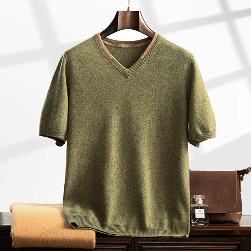2026 Spring/Summer New Men's High Quality V-neck Knitted Shirt 100% Pure Cashmere Short Sleeve Business Casual Men's T-shirt