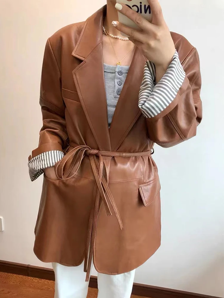 European Leather Windbreaker For Women 2024 New Plant Tanned Sheepskin Jacket Female Army Greey Suit Coat Streetwear Blazer