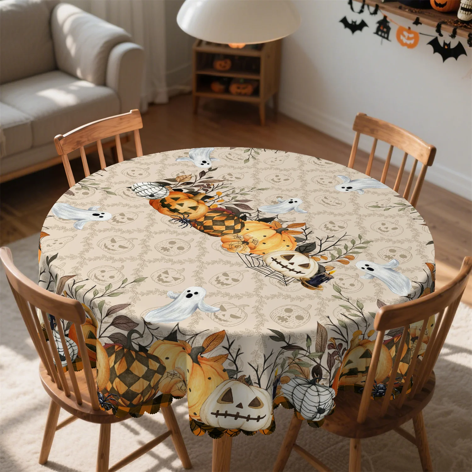 Buffalo Check Pumpkin Spider Candle Wick Tablecloth - Washable table decoration, suitable for Halloween partieszyc