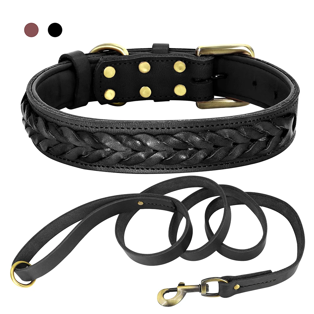 Braided Genuine Leather Dog Collar and Leash Set Soft Durable Medium Large Dogs Collars Adjustable for Pitbull German Shepherd