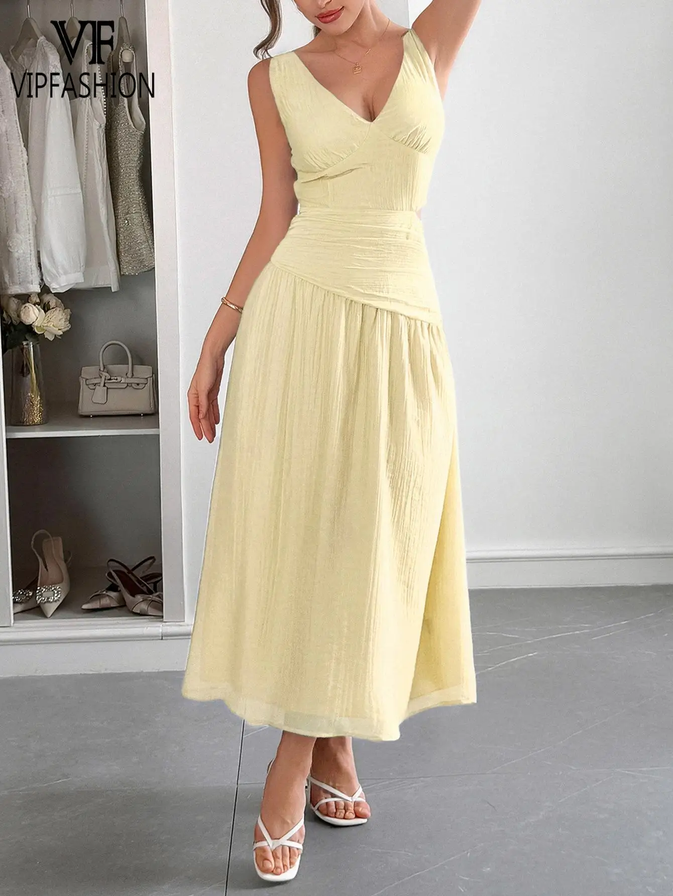 VIP FASHION – robe Maxi rouge pour femmes, col en V, sans manches, taille découpée, froncée, fête de vacances d'été, robes blanches élégantes