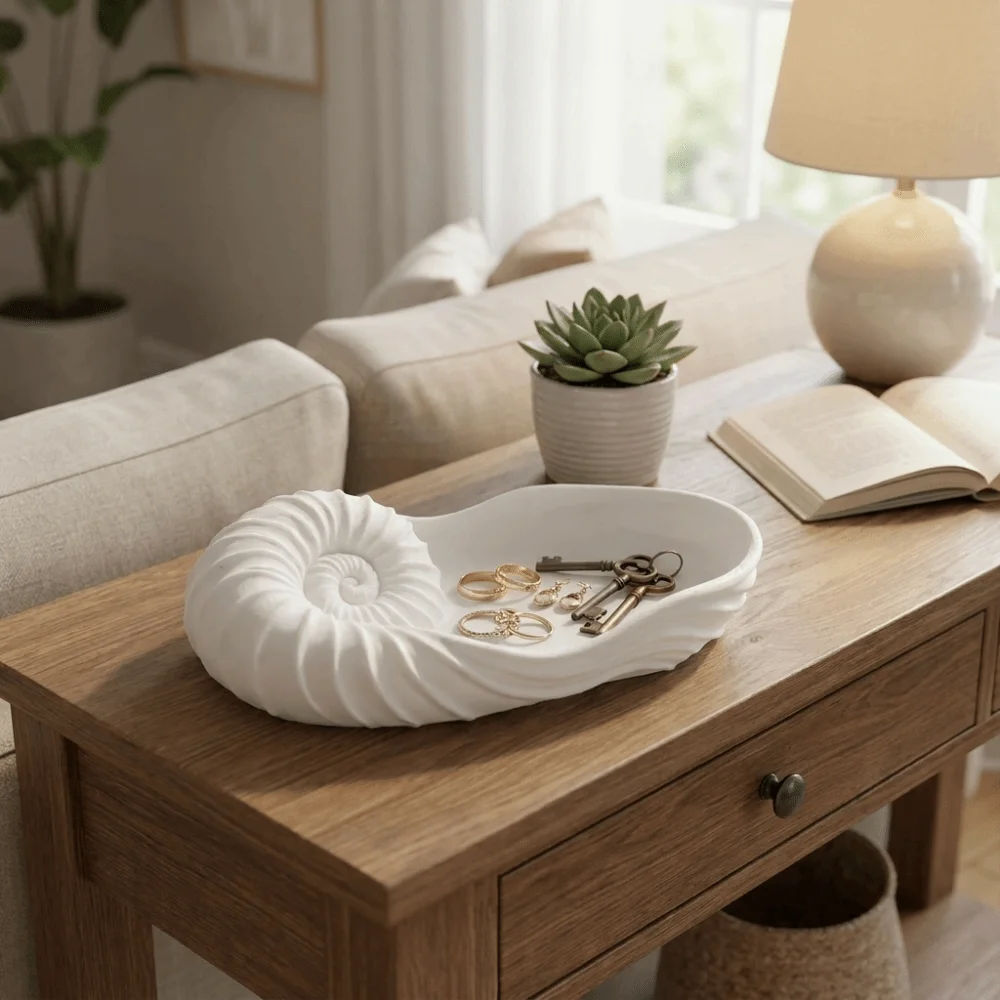 3D Printed Nautilus Shell Tray Conch-Shaped Coastal Style Shell Trinket Dish Plastic Spiral Design Jewelry Storage Tray