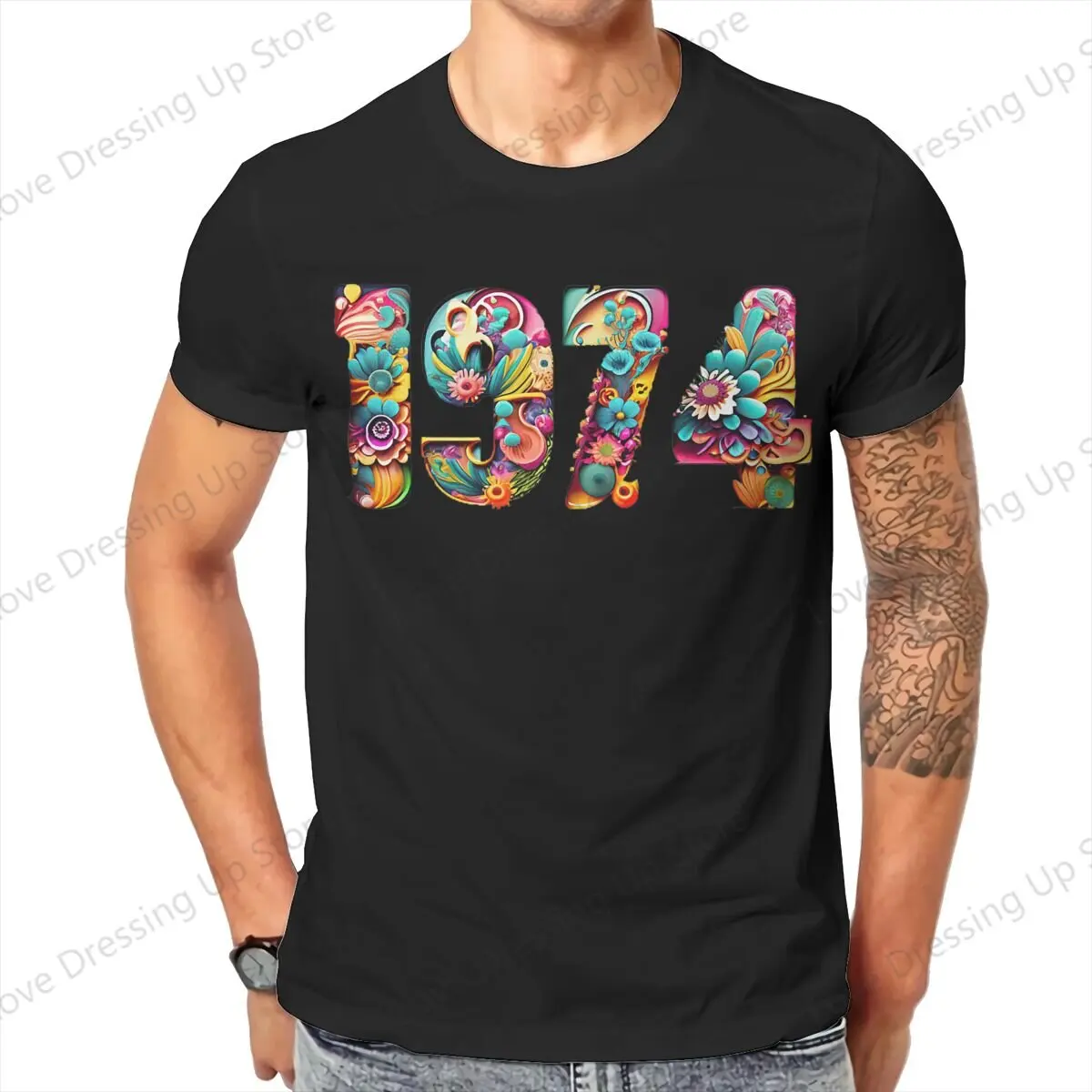 Groovy colourful 1974 seventies lettering vintage birthday Large printed cotton men's Tshirt Short Sleeve Tshirts