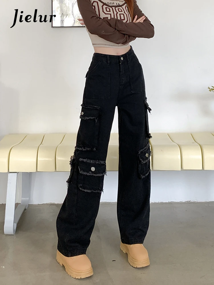 

Jielur Black High-Waisted Straight Cargo Jeans Woman New Fashion Loose Cool Streetwear Pockets Wide Leg Women's Pants S-XL