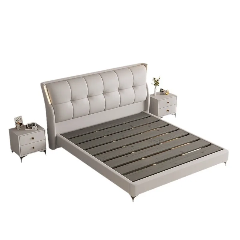 #￥Frame Bedroom Furniture Home Light Wooden Bed with Three Drawers High Quality Cheap Light Luxury Modern LeatherDouble king Bed