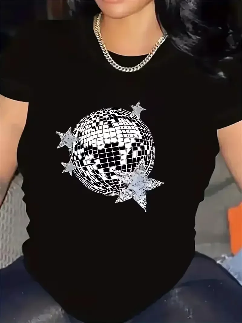 Funny Cool Disco Ball Club Graphic Casual Women Tee Y2k Goth Print Short Sleeve Crew Neck Soft Comfot Cozy Stylish Women Clothes