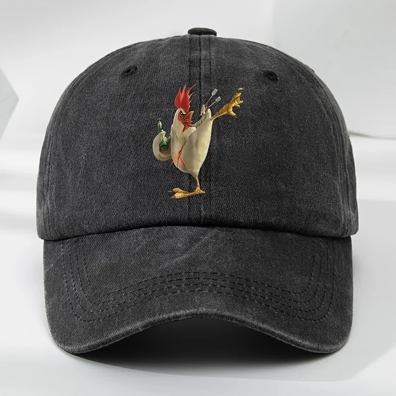 

Funky Rooster Print Baseball Cap, 100% Polyester Vintage Washed Distressed Hat, Soft Non-Stretch Fabric, Animal Pattern Outdoor