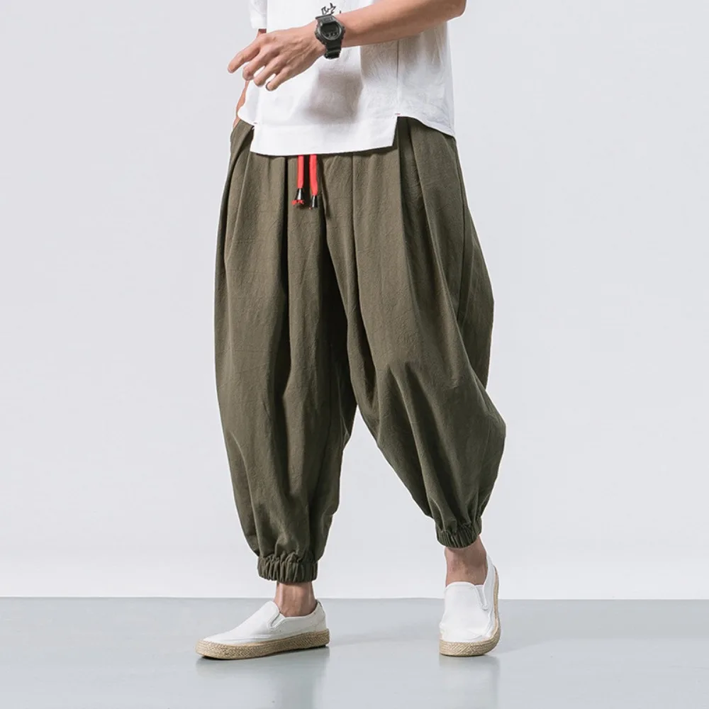 ใหม่ขนาดใหญ่ผู้ชาย Harem กางเกงหลวมสไตล์จีนผ้าฝ้ายและผ้าลินิน Sweatpants Joggers คุณภาพสูงสบายๆกางเกงผู้ชาย