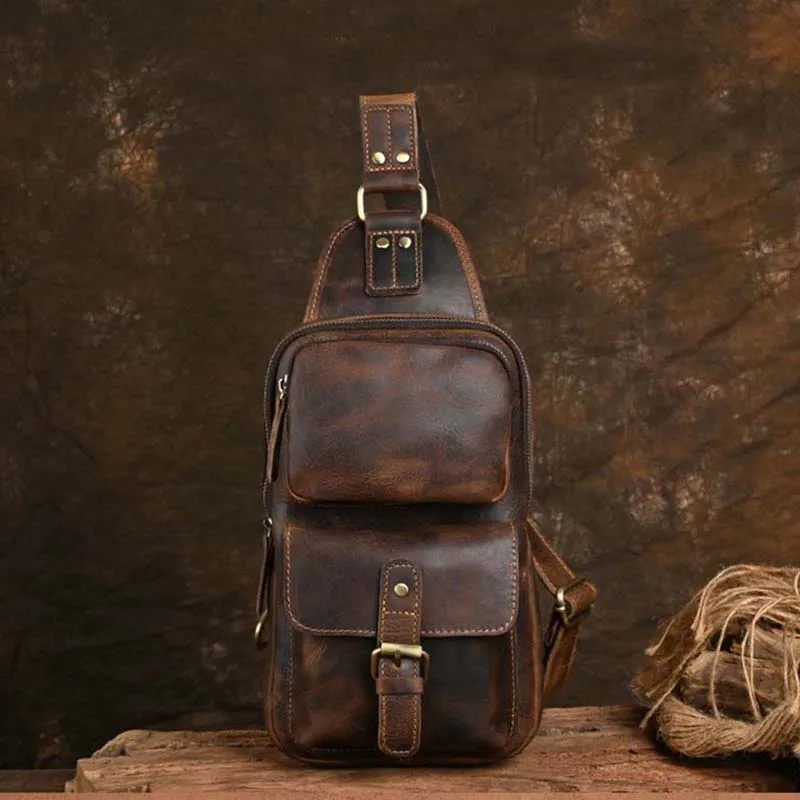 Men\'s Genuine Leather Chest Bag Leather Big Capacity Crossbody Bag Casual Male Riding Messenger iPad Cell Phone Sling Bag