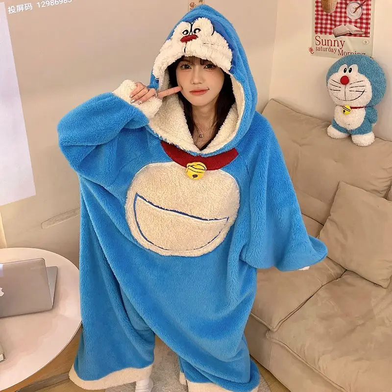 Adult Blue Doraemon Cartoon Onesie Kigurumi Pajama Extra Thick Fluffy Fleece Hooded One Piece Suit Cute Winter Home Loungewear