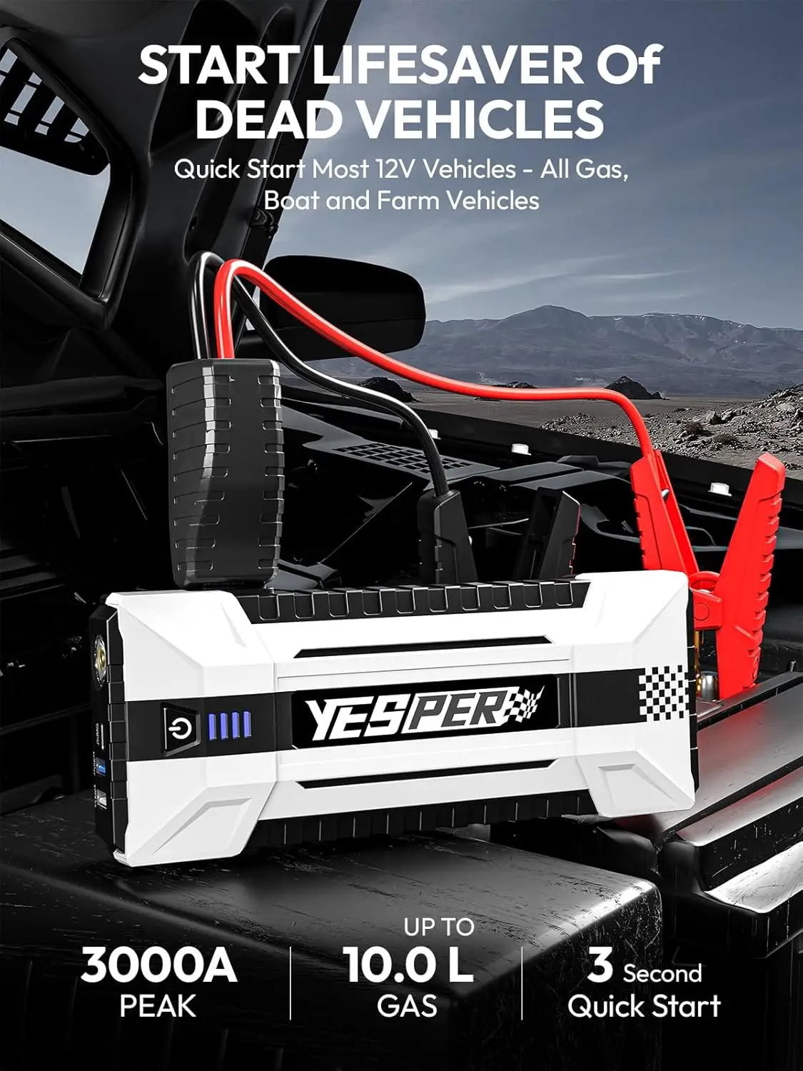 YEPSER YJS20 3000A Peak 12V Car Jump Starter 20000mAh Fast Charge Power Bank 3 Lights for 10.0L Gas/8.0L Diesel