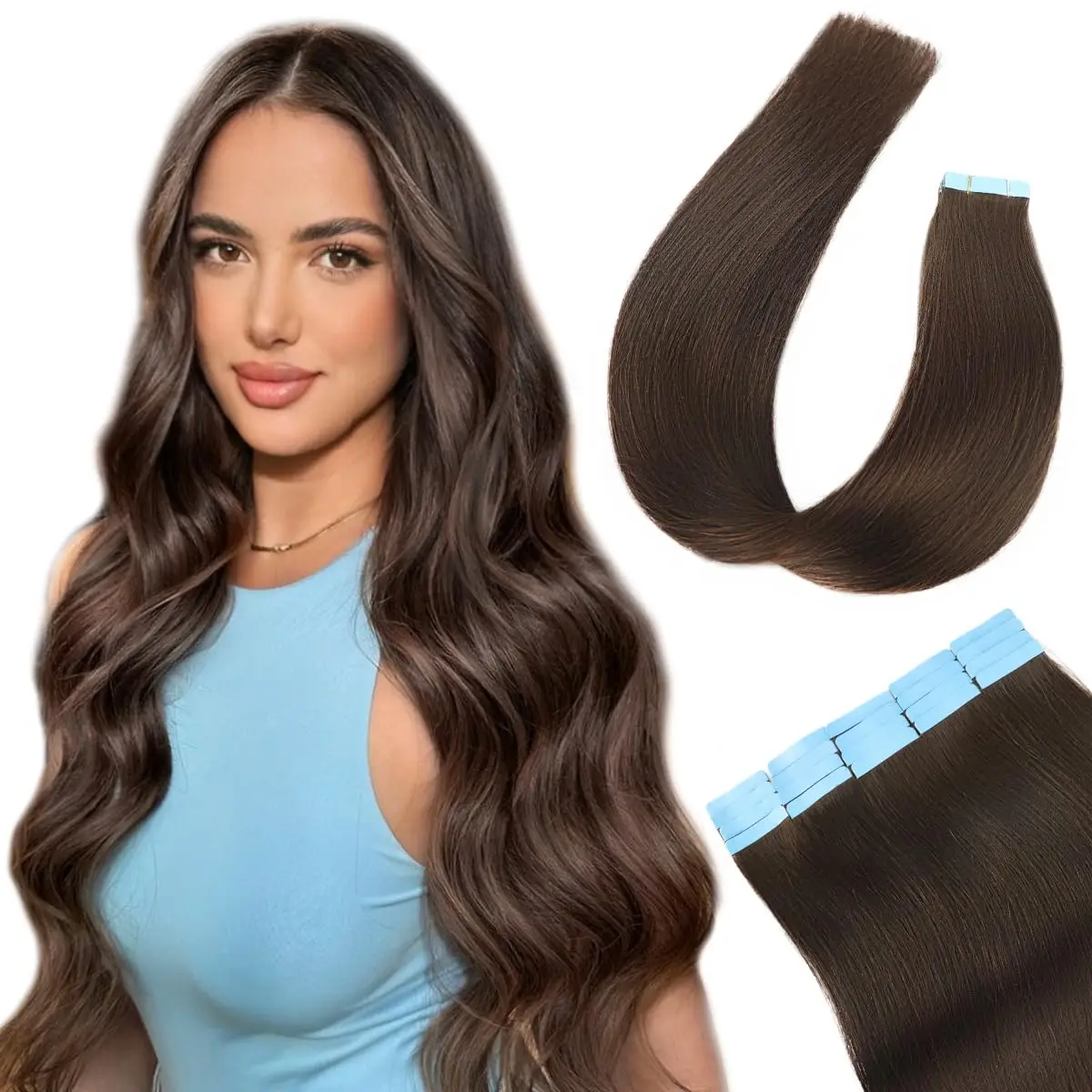 Alimice Invisible tape in hair extensions human hair #4 Middle Brown Hair Extensions 16 Inch Real Hair Extensions