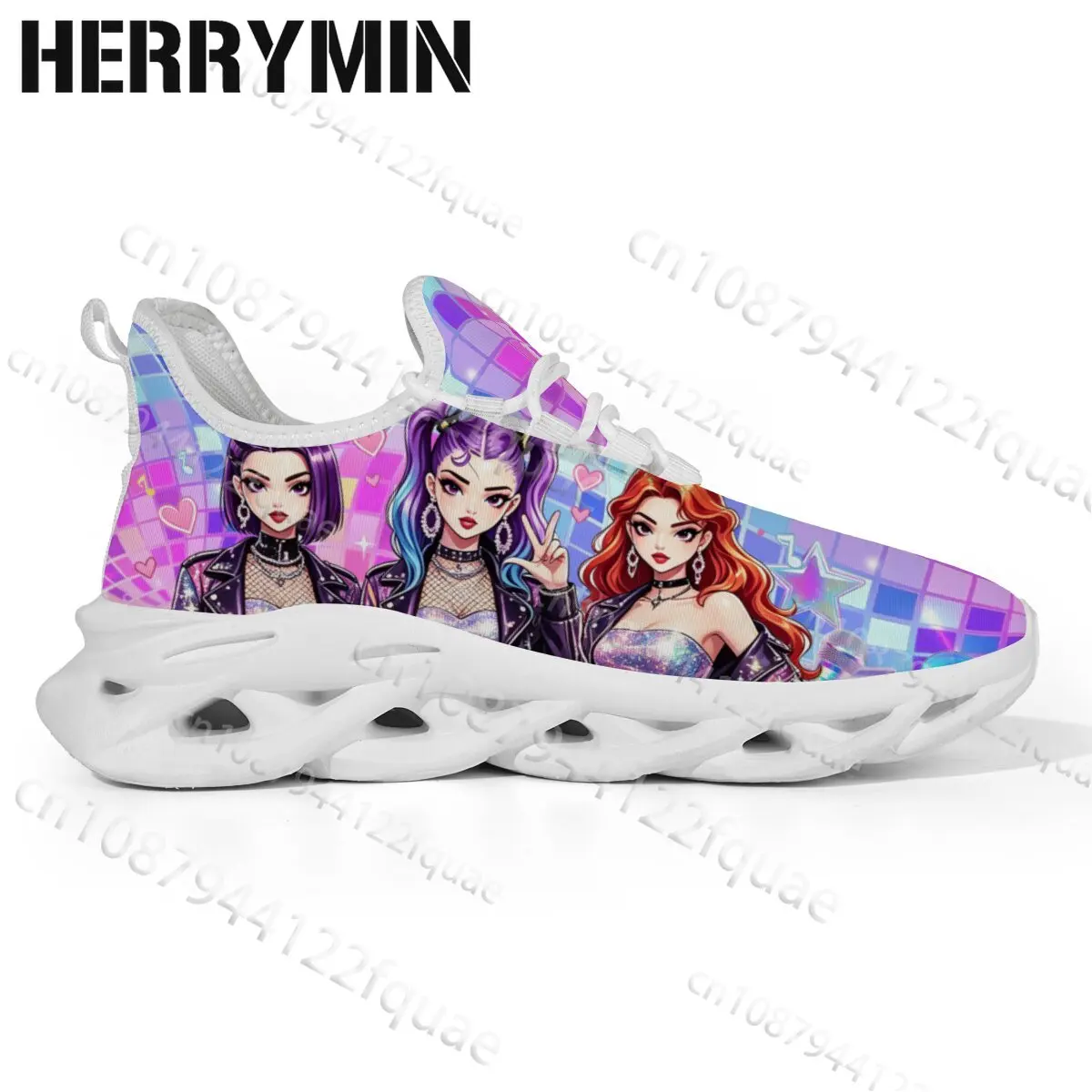 Anime Style Girl Band Graphic Print Children Comfortable Casual Walk Shoes Disco Grid Heart Star Music Note Pattern Sneakers