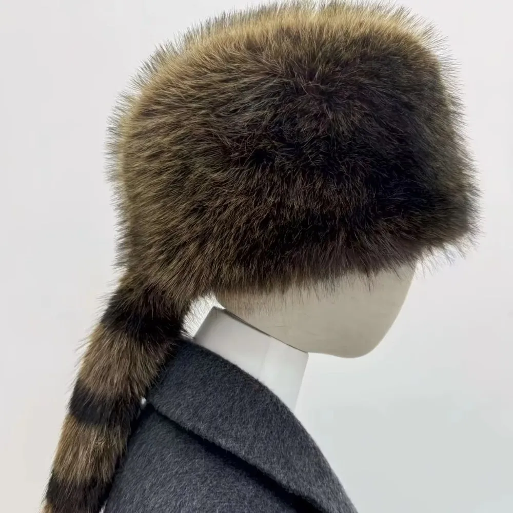 High-quality Raccoon Tail Faux Fur Hat Winter Warm Windproof Ear Protection Hat Thickened Winter Cap