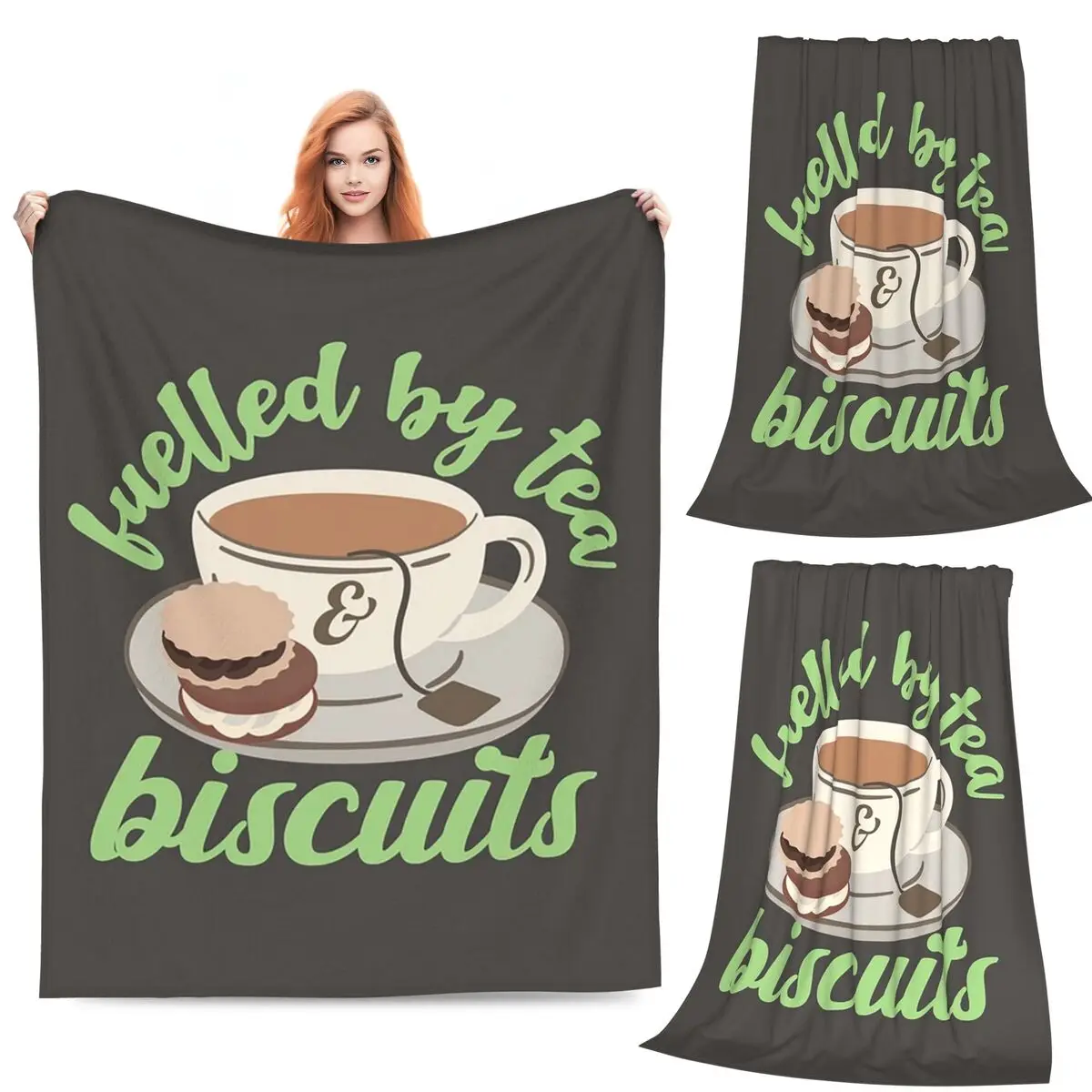 

Pastel Green Fuelled By Tea And Biscuits Fun Slogan Blankets Flannel Sofa Throw Blanket for Home Travel Throws Bedspread Quilt