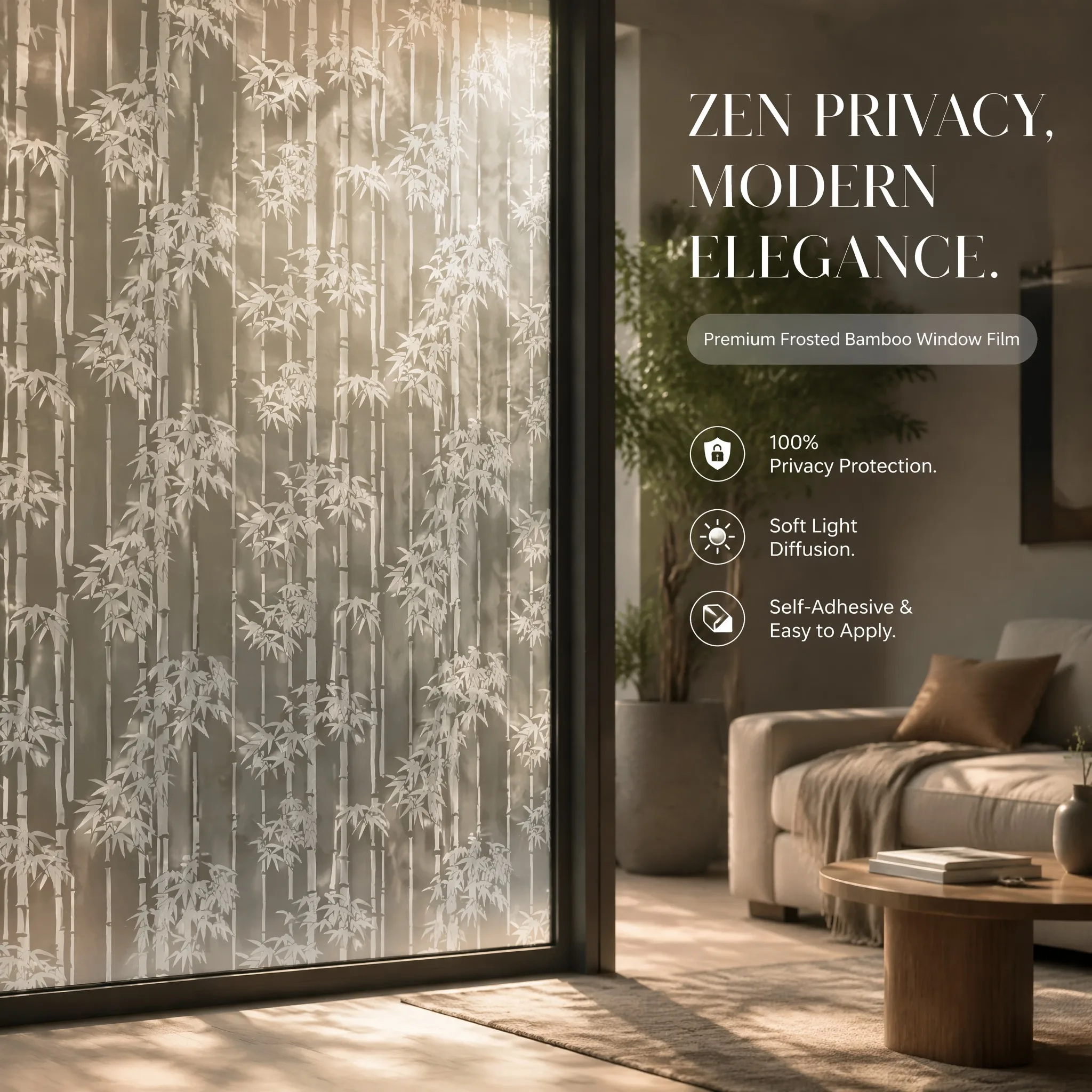 Zen Bamboo Frosted Self-Adhesive Window Film Privacy Decorative Film for Home Office Decorations