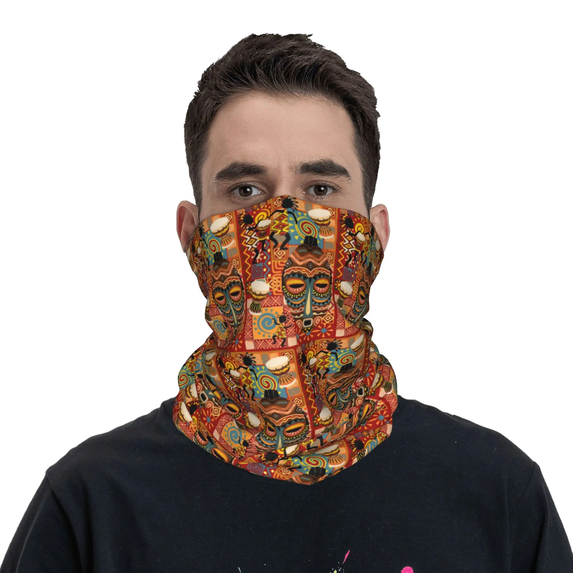 African Masks and Tribal Elements Decorative Bandana Neck Cover Printed Face Scarf Multifunction Headwear Running For Men Women