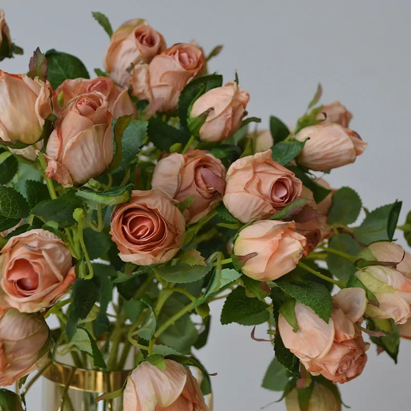 50CM Retro Burnt Edge 7-head Rose Artificial Flower Wedding Bouquet Home Decoration Flower Arrangement  Simulation Dry Flower