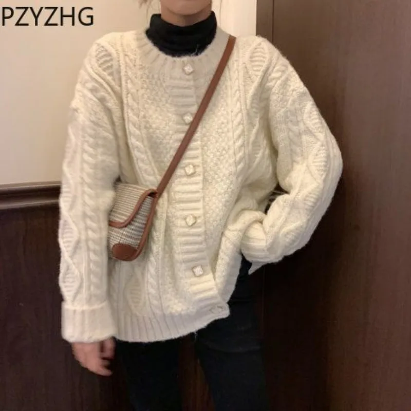 Women 2024 New Autumn Winter Sweater Knitted Cardigan Large Thickened Loose Fried Dough Twists Coat Casual Outwear All-match