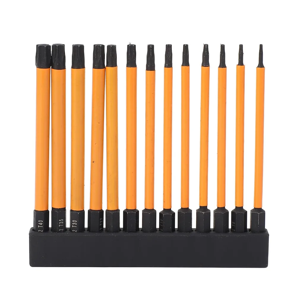 13pcs T5-T40 Star Screwdriver Bit Set 1/4 Inch Hex Shank 100mm Length Star Bit Set CNC Machined Storage Rack Impact Bit Set