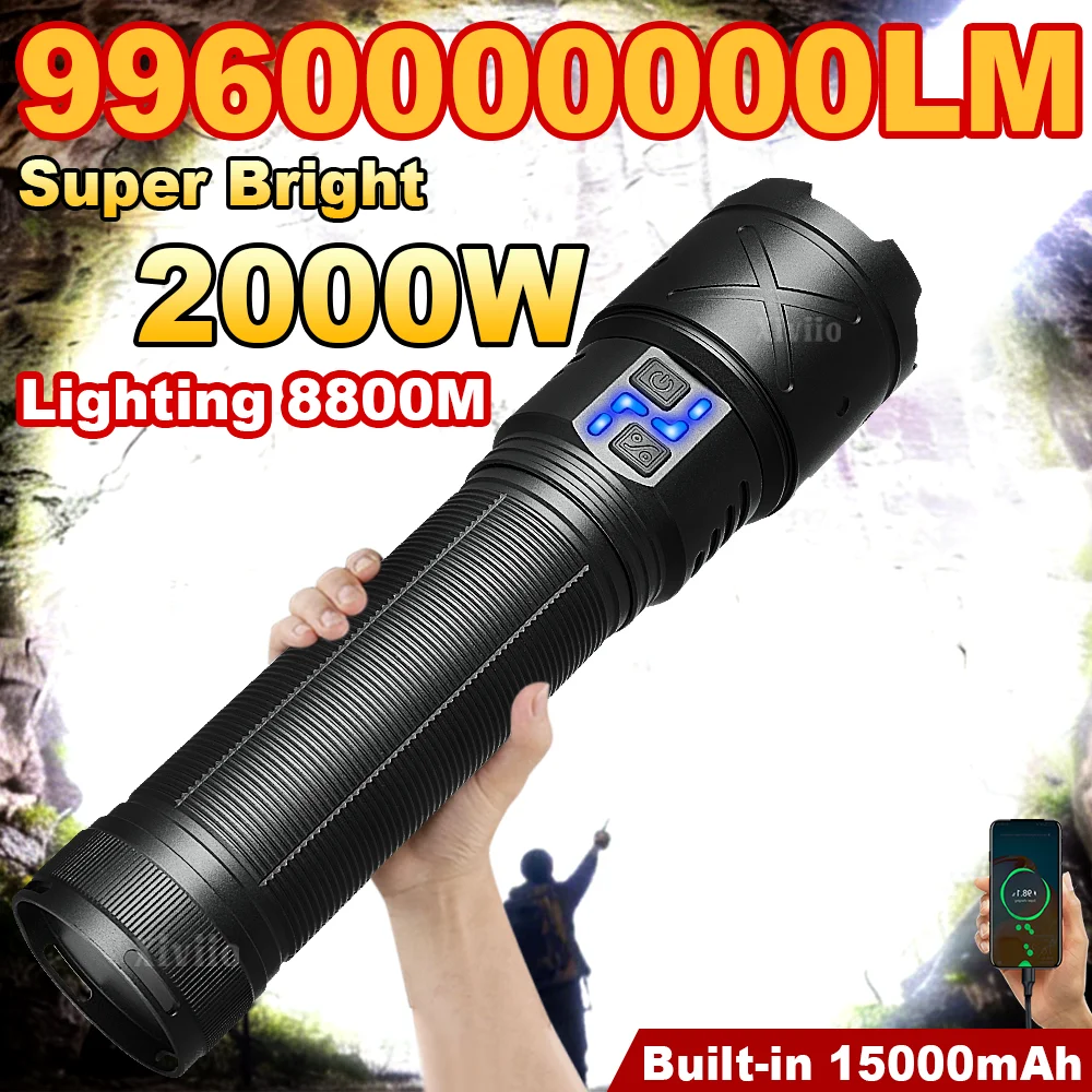 

99600000LM 2000W Сверхмощный тактический фонарь, ультраяркий светодиодный, перезаряжаемый, портативный, для рыбалки, кемпинга, туризма, охоты, аварийных ситуаций, водонепроницаемый и прочный фонарь для активного отдыха