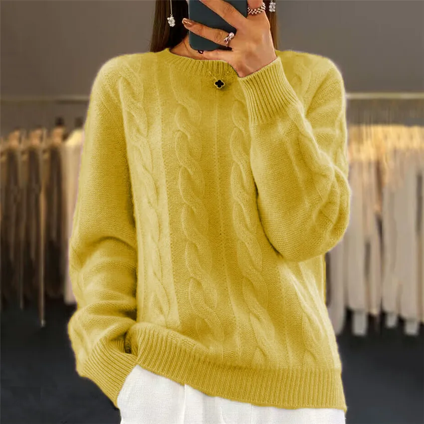 Mandylandy O-neck Pullovers Sweater Women Long Sleeve Solid Color Sweater Jumpers Top Retro Cable-Knit Pullover Sweater Coats