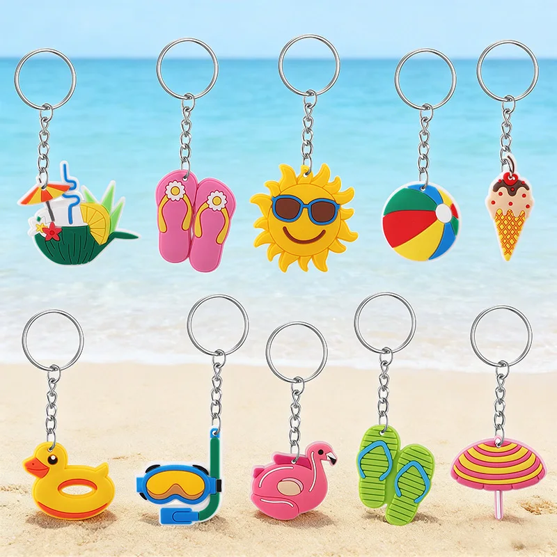 

10pc Cute Summer Beach Themed PVC Keychain Set Flamingo Ice Cream Beach Ball Duck Bag Hawaiian Luau Vacation Party Gift Supplies