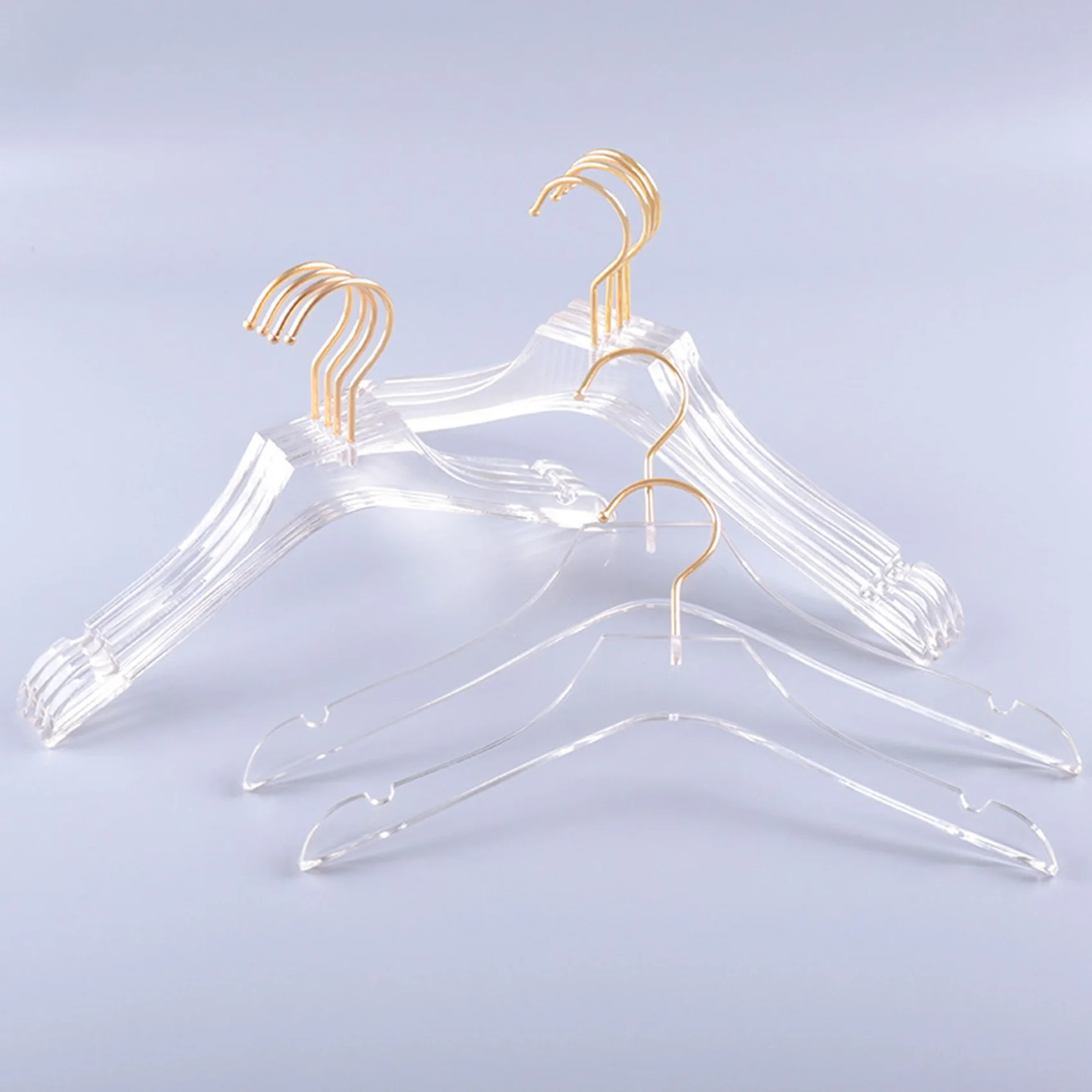 ABWR-10 pçs cabide de roupas acrílico transparente com gancho de ouro, cabide de vestido de camisas transparentes com entalhes para senhora crianças s
