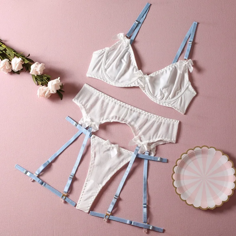 ชุดนอนเซ็กซี่สีจับคู่แหวนขา Underwire Bra Thong Garter Bow ชุดชั้นในเซ็กซี่สามชิ้นชุดสตรีชุดนอนชุดชั้นใน