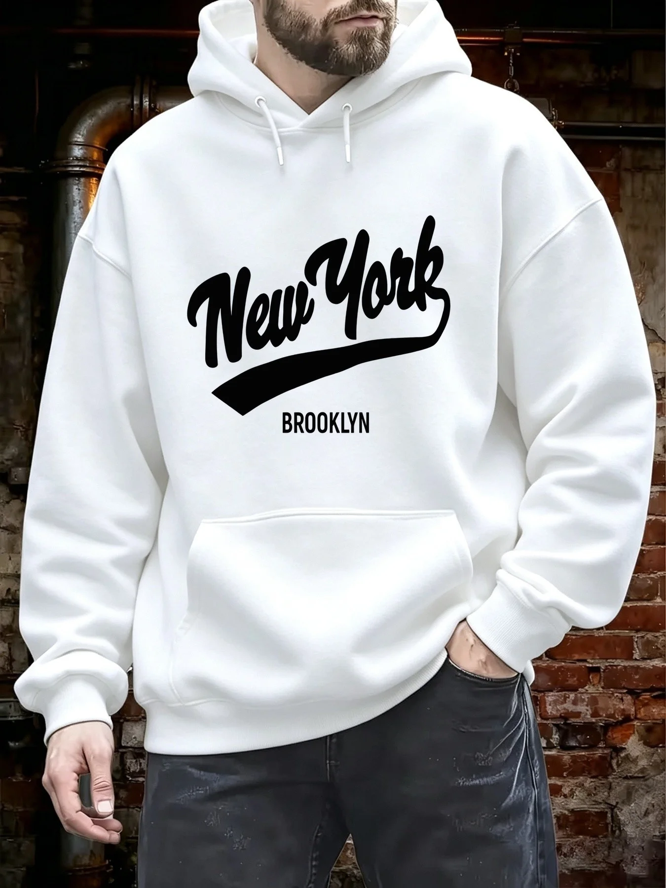 NEW YORK Print Men's Pullover Hoodie Kangaroo Pocket Long Sleeve Hooded Sweatshirt Loose Casual Tops Men's Clothing for Fall Winter