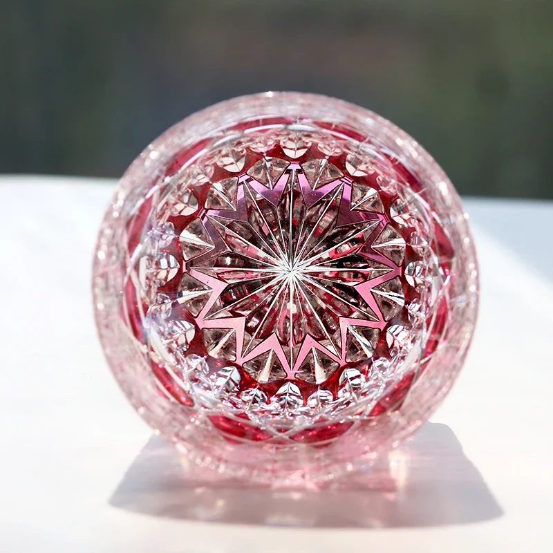 Gold Pink 320ml Whiskey Glass Hand Carved Chrysanthemum Star Pattern Edo Kiriko Japanese Crystal Tumbler Gift for Her