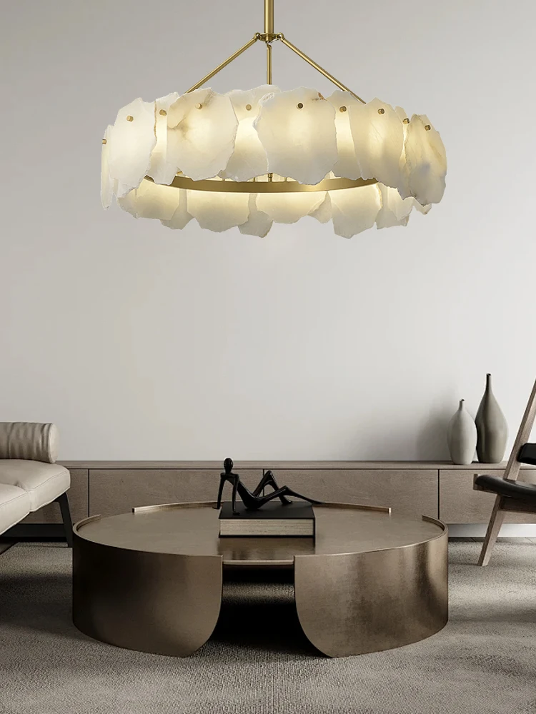 Vintage Luxury Marble Chandelier Lights Round Gold Alabaster Hanglamp for Dining Room Foyer Decoration Lamparas