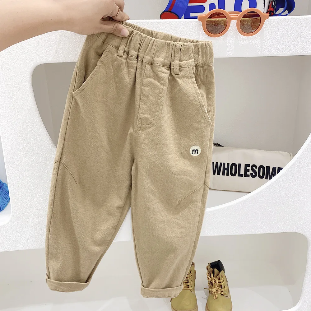 Autumn 2024 2-10 Years Children Boy Trousers Elastic Waist Letter Sticker Student Boys Causal Pants Exqusite Solid Kid Boy Pants