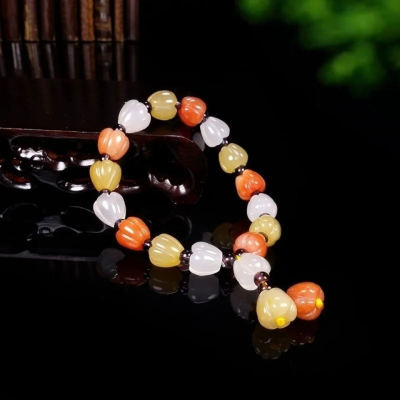 

Genuine NaturalAXinjiang Golden Silk Jade Pumpkin Beads Bracelet Apple Beads Red Fire Chili Girl Versatile Bracelet