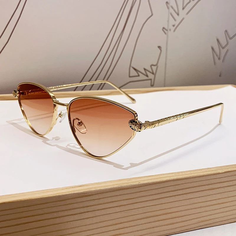 Rahmenlose Sonnenbrille mit Schnittkante für Damen mit Leopardenkopf und Katzenaugen, Metallrahmen-Design, Modische Sonnenbrille – Detail 4