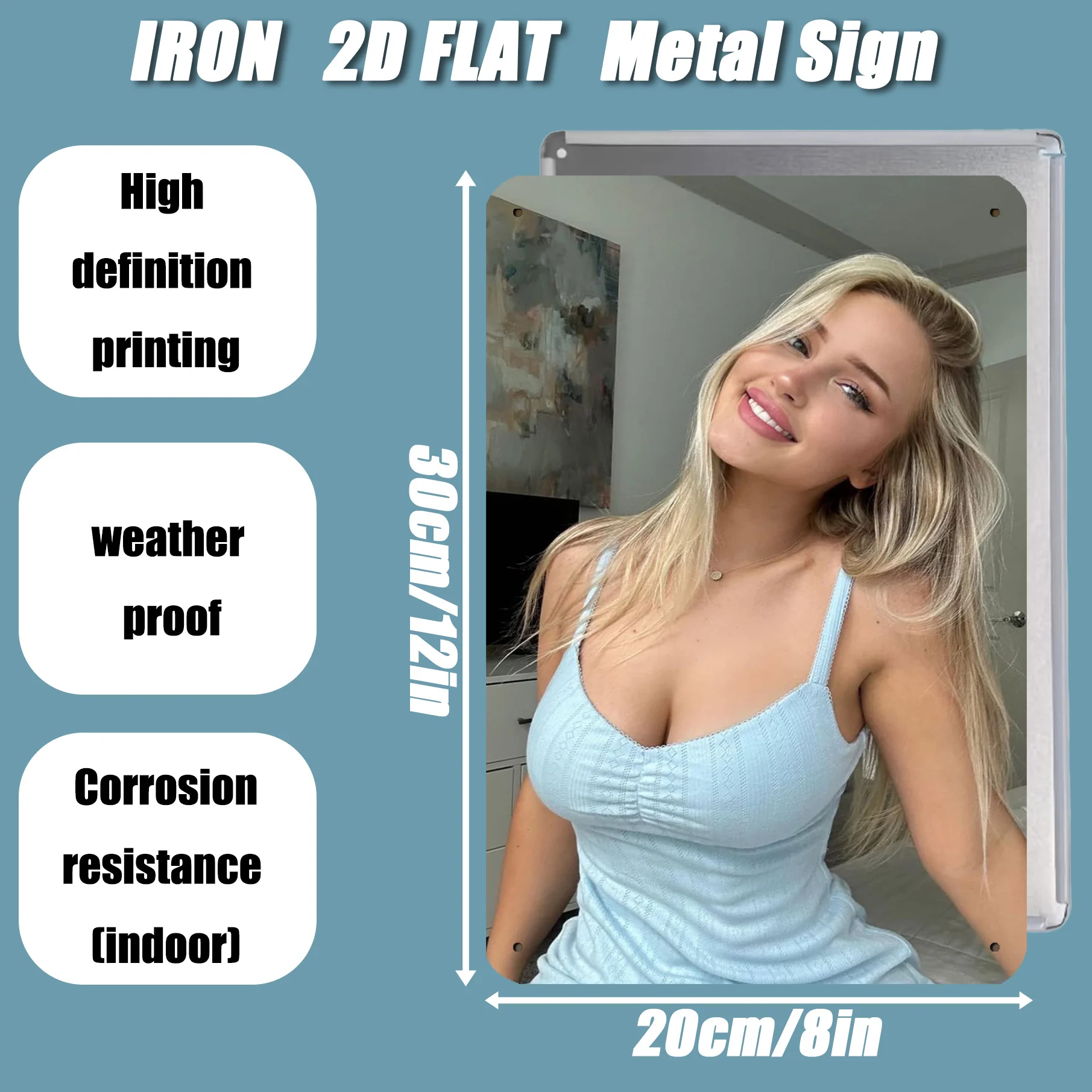 Vintage Sweet Blonde Woman Metal Tin Sign - Retro Cozy Girl with Long Wavy Blonde Hair in Light Blue Knit Spaghetti Strap Dress,