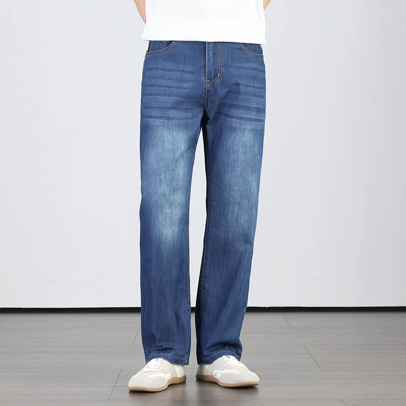 

2026 Summer Brand Men's Lyocell Lightweight Straight Leg Loose Jeans Business Casual High Waist Cotton Stretch Full Length Pants