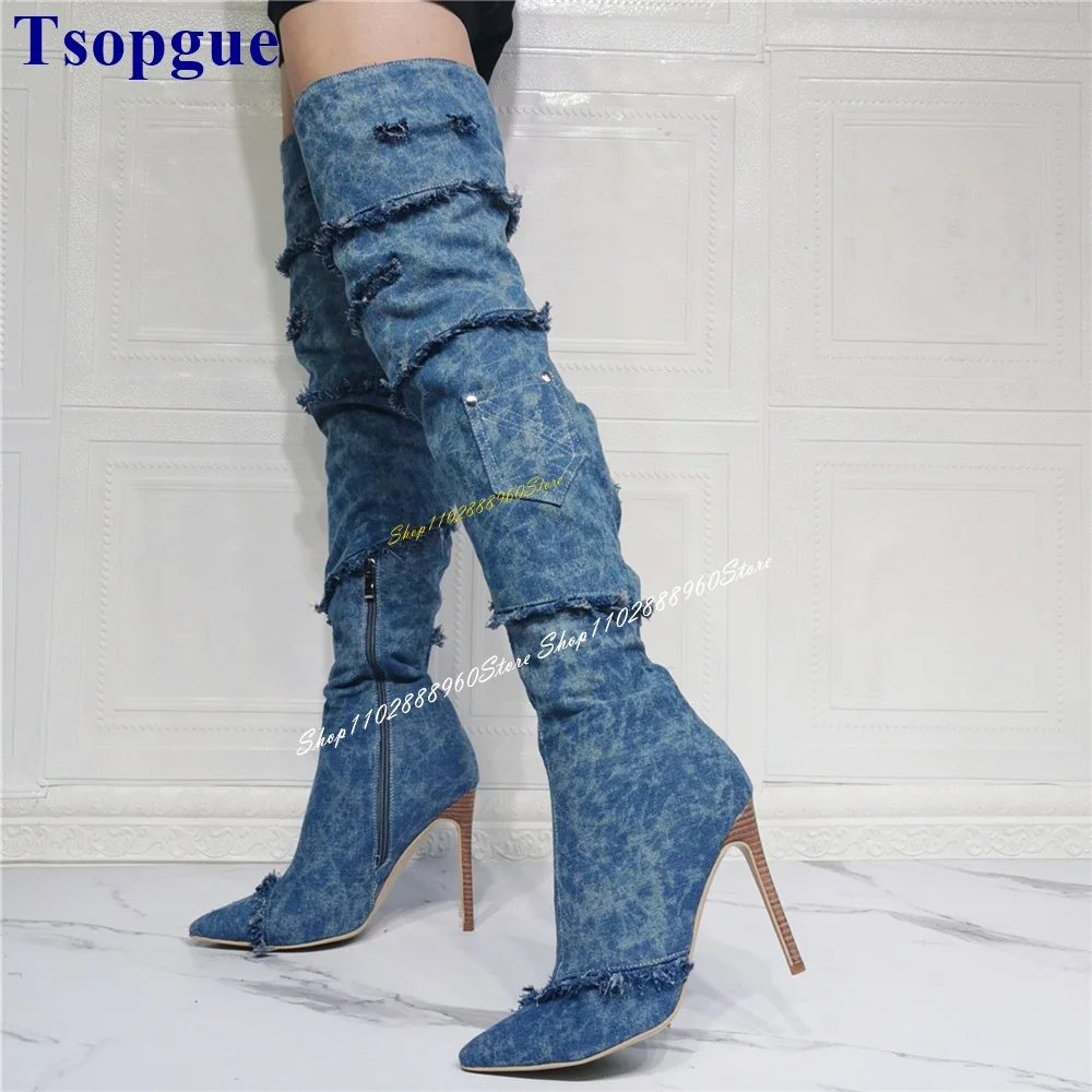 

Over The Knee Stylish Blue Denim Runway Boots Thin High Heel Women Shoes Side Zipper Pointed Toe 2024 Sexy Zapatos Para Mujere