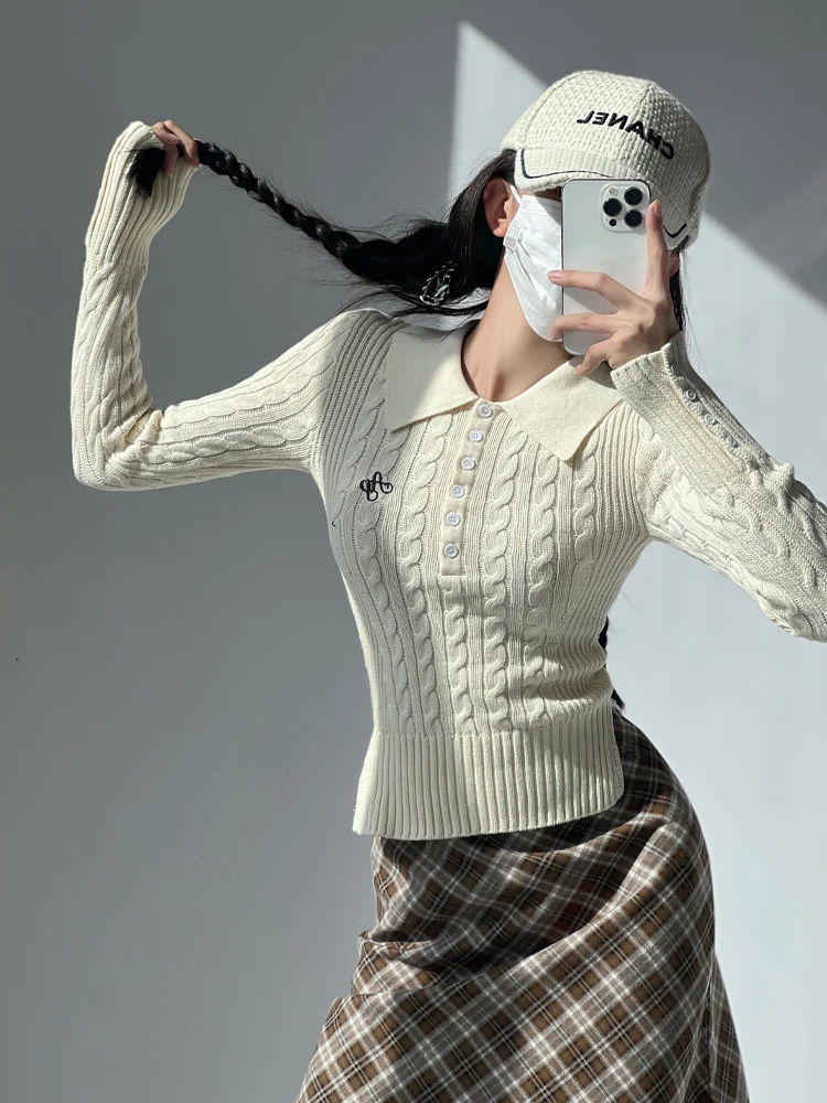 

Briti Retro College Sle Women's Long Sve Knitted Sweater Autumn Winter Collar ort Fit Top Twist Knitwear