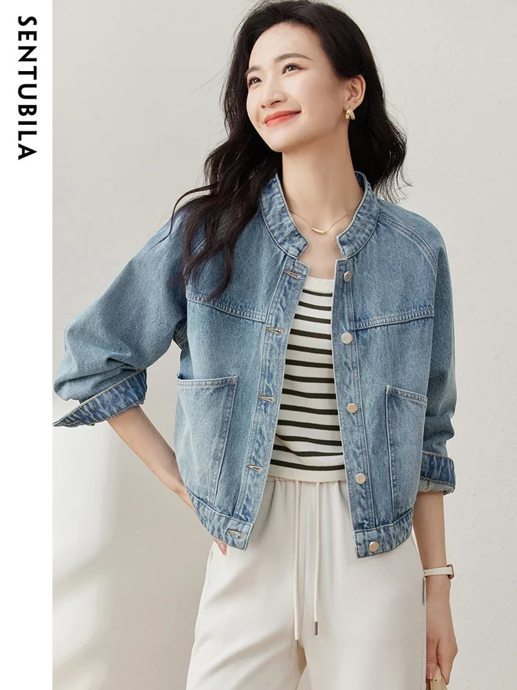 SENTUBILA Cropped Denim Jacket Coat For Women 2025 Spring Casual Stand Collar Long Sleeve Cotton Jeans Jackets Outwear W33W50369 - Image 3